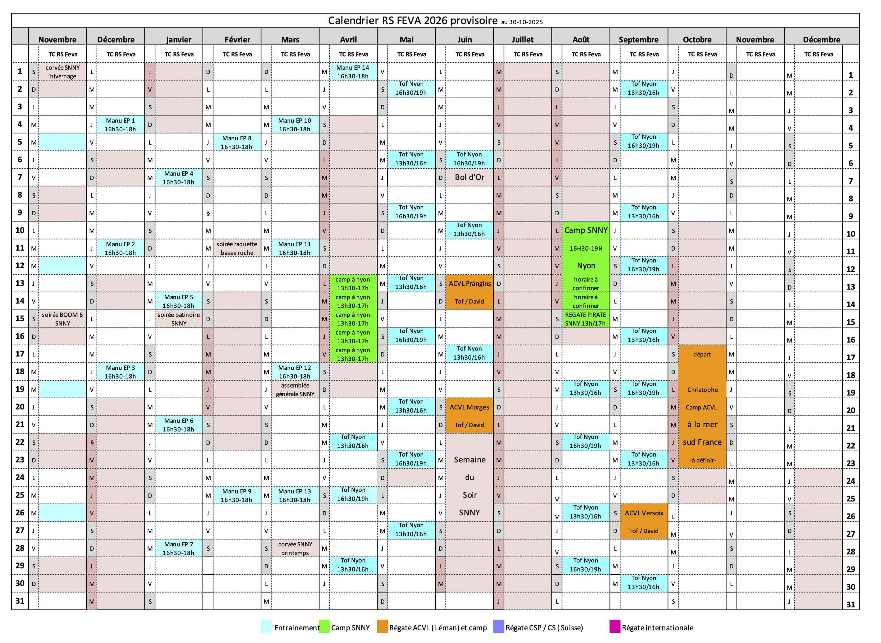 Calendrier provisoire RS FEVA 2026 au 30 10 25