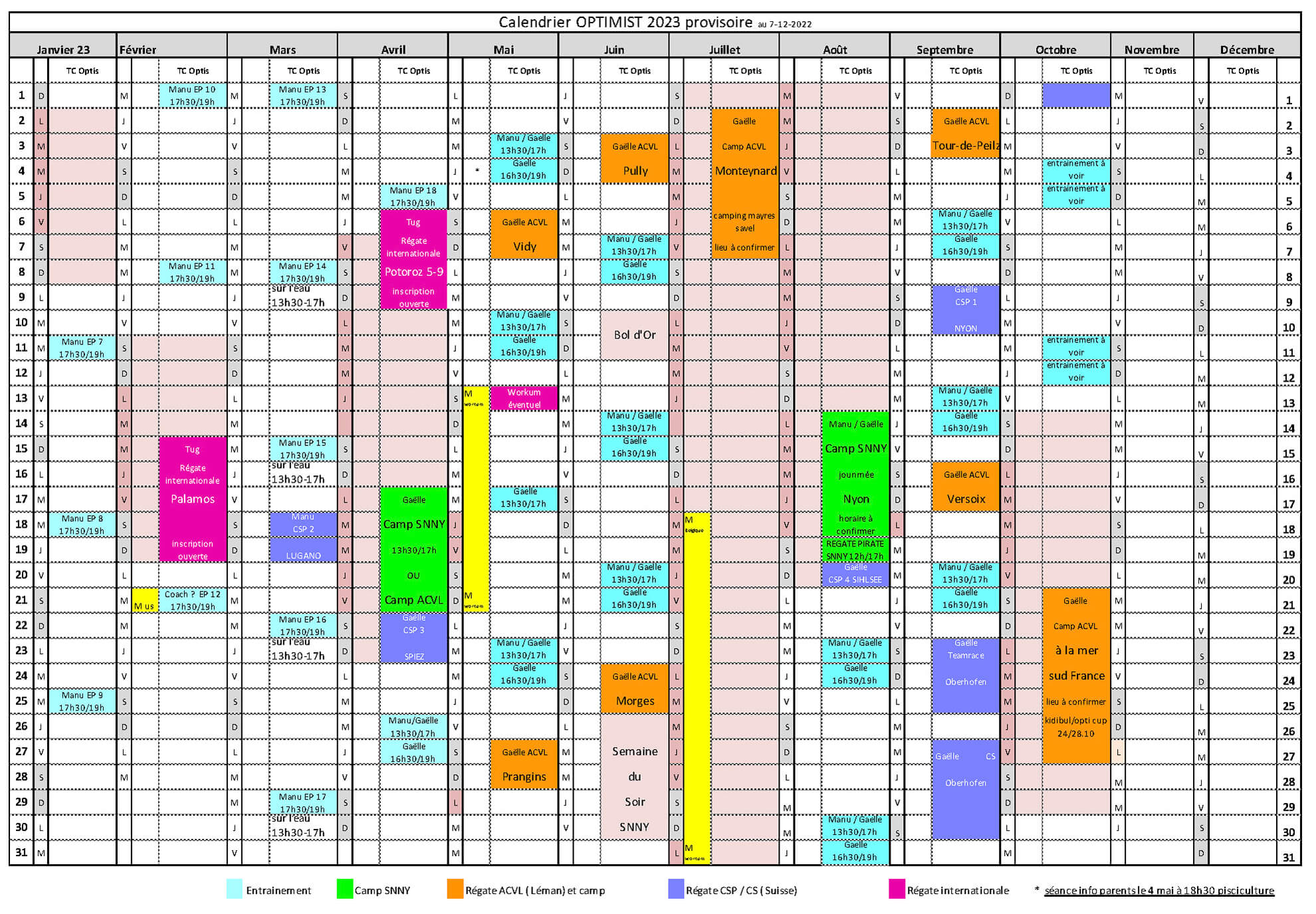 Calendrier provisoire OPTIMIST 2023 au 07 12 22 PLR